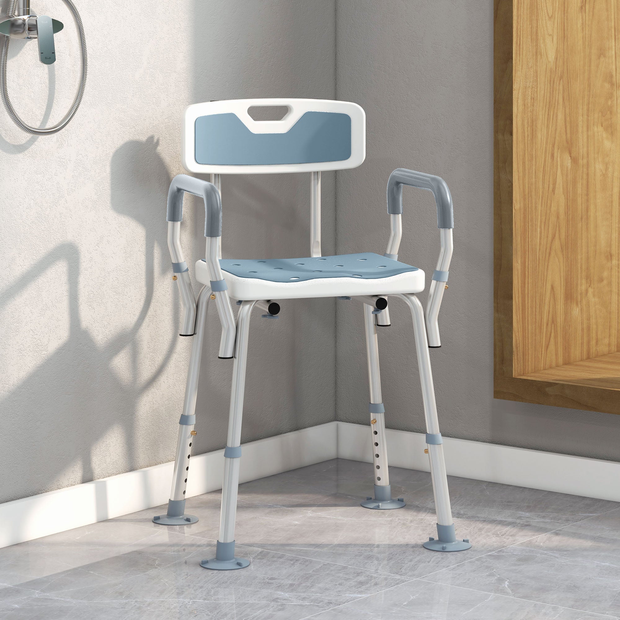 Taburete de ducha silla de ducha ergonómica altura ajustable patas antideslizantes 56,5 x 53,5 x 87 cm blanco y azul