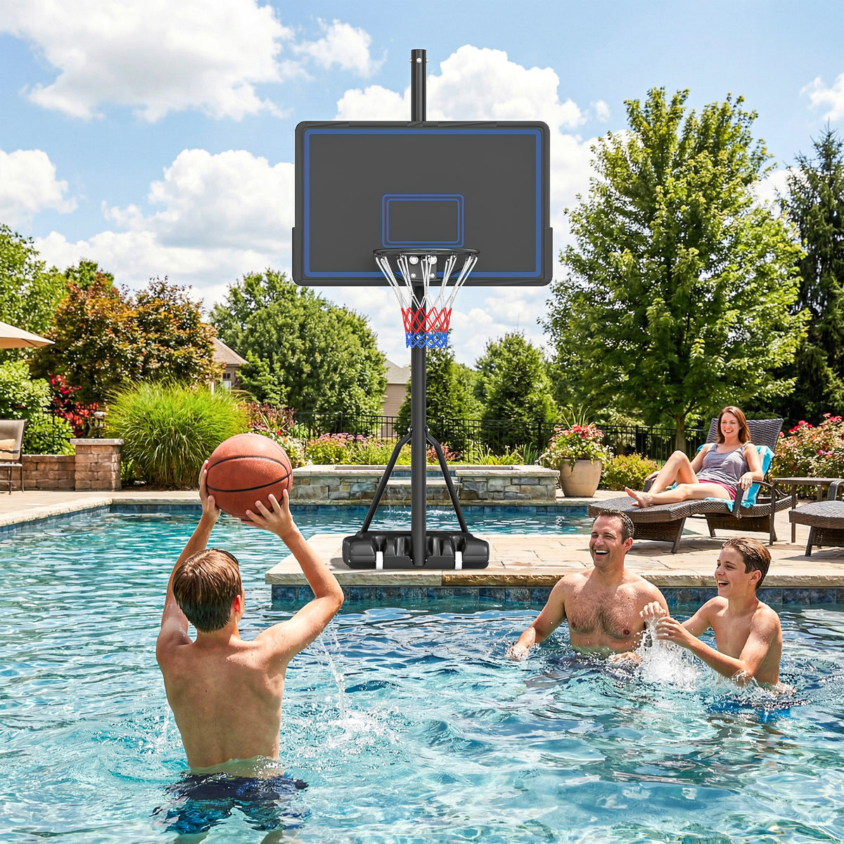 Panier de Basketball sur Pieds avec Hauteur Réglable de 1,35 à 3,05 m avec Roues, Base de Lestage et Sac de Sable, Bleu