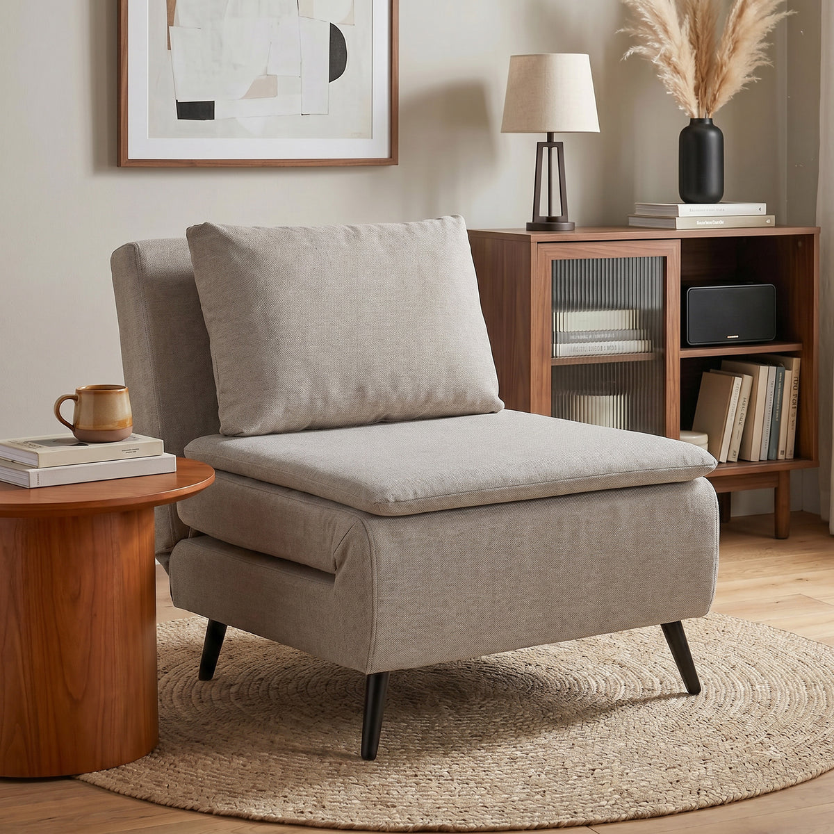 1-persoons slaapfauteuil, 3-in-1 slaapstoel met verstelbare rugleuning, kussen, brede zitting, lichtbruin