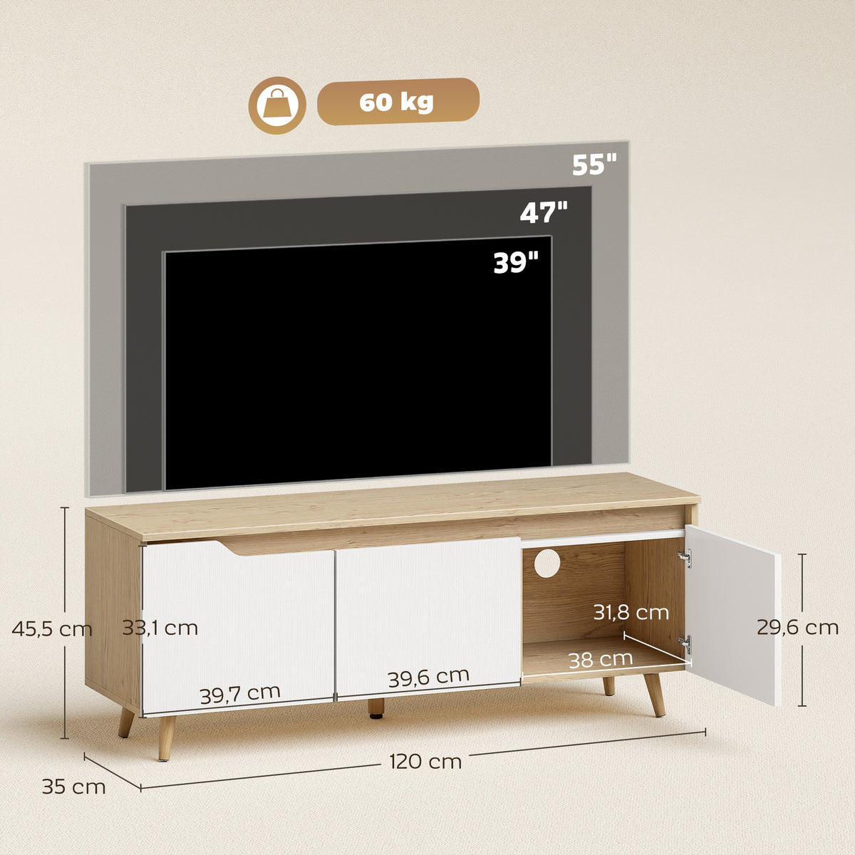 Meuble TV 120 cm, meuble télé pour téléviseur jusqu'à 55 pouces avec 3 portes, étagère réglable, chêne et blanc