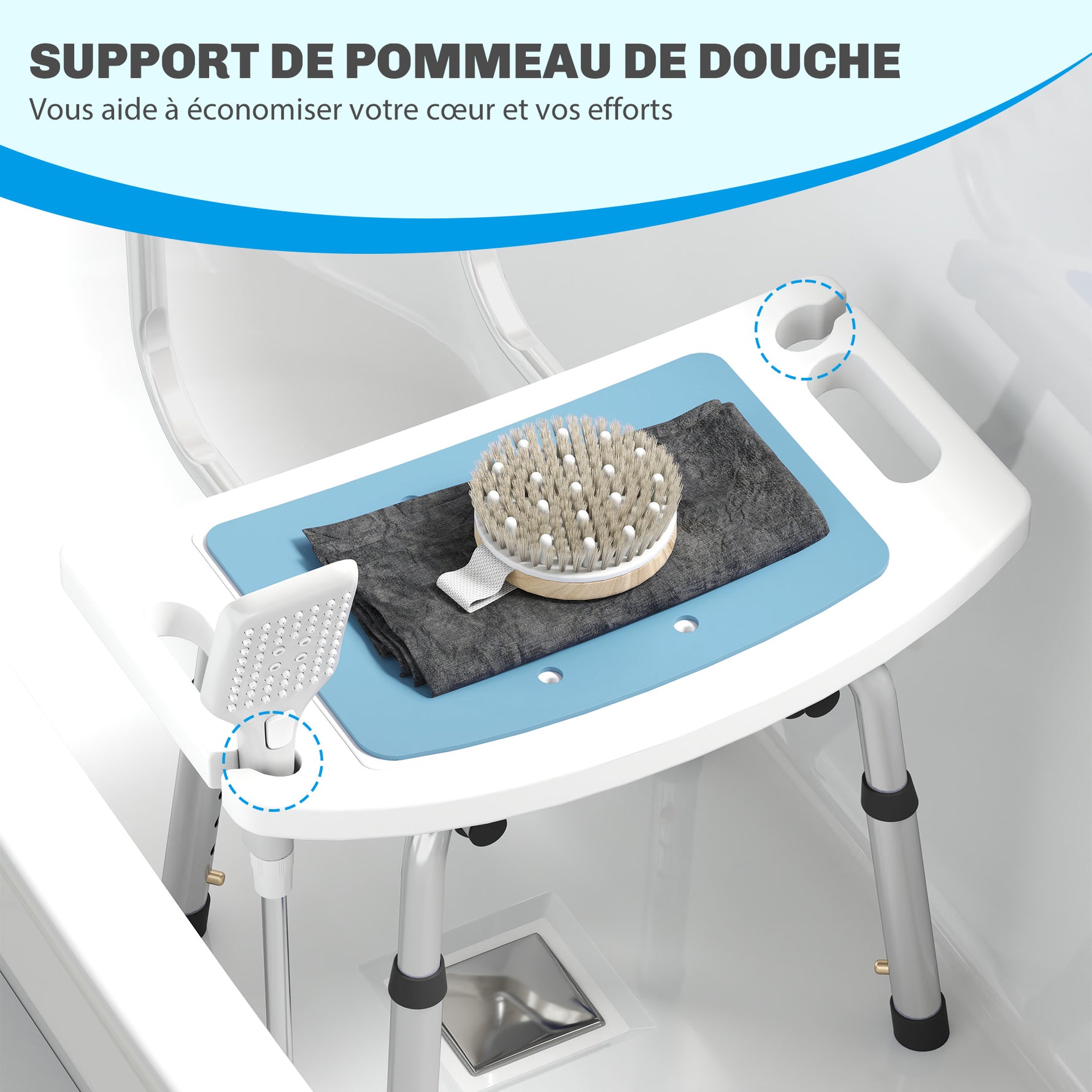 Tabouret de douche pour personnes âgées et handicapées hauteur réglable patins antidérapants support de pomme de douche