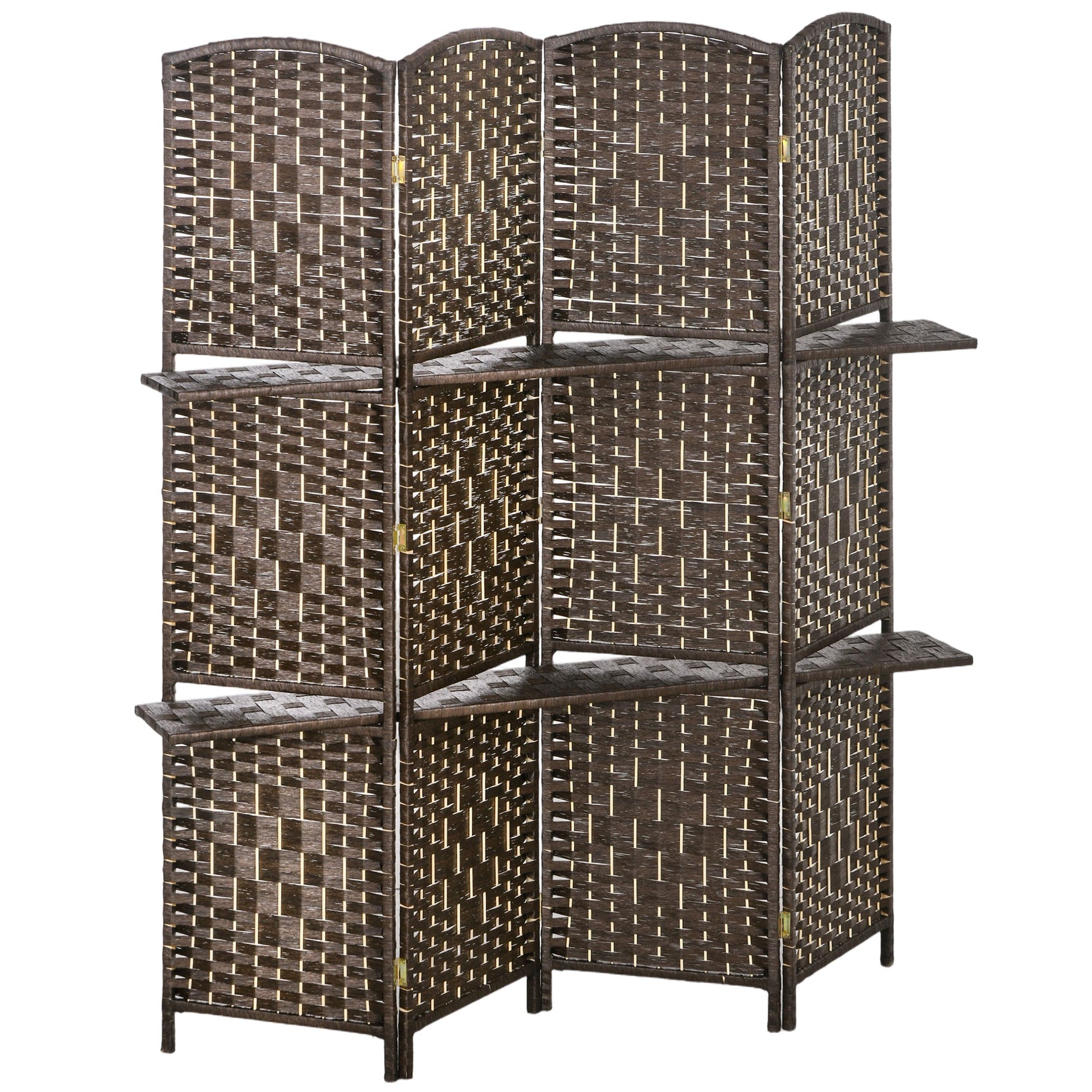Paravent séparateur de pièce 4 panneaux 160 x170 cm avec 2 étagères, pliable, en bois