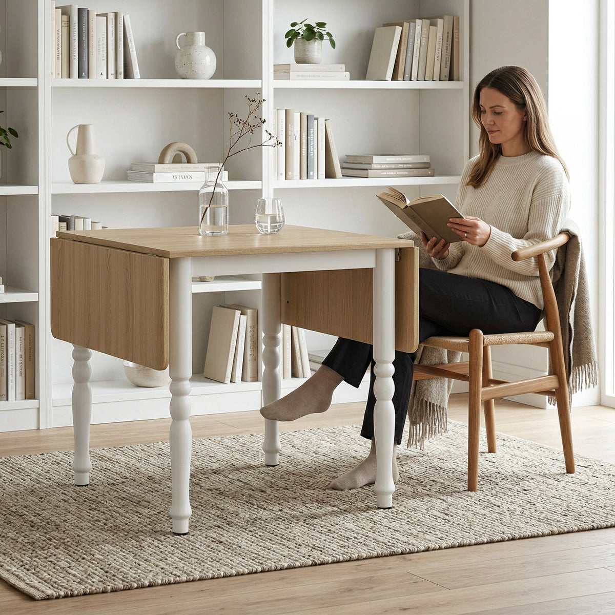 Table à manger pliante pour 2 à 6 personnes 74-134 cm, table de cuisine avec 2 abattants, pieds en acier, bois naturel