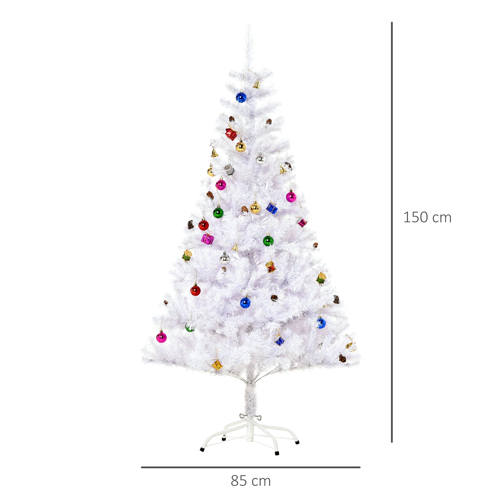 Künstlicher weißer Weihnachtsbaum 150 cm 680 Zweige mit zahlreichen verschiedenen Accessoires
