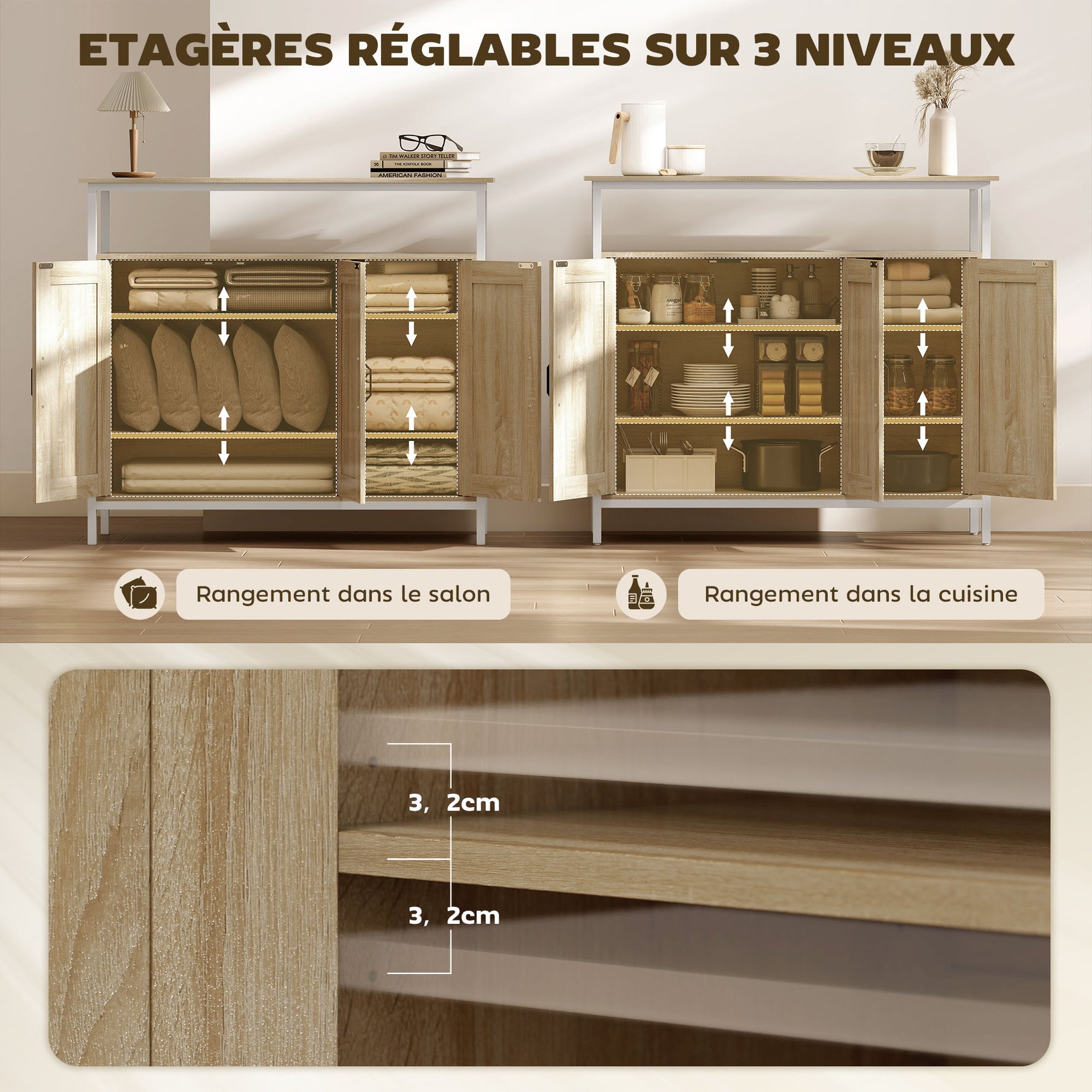 Buffet, meuble de rangement avec 3 portes, compartiment ouvert et 4 étagères réglables, 100 x 35 x 88 cm, bois naturel