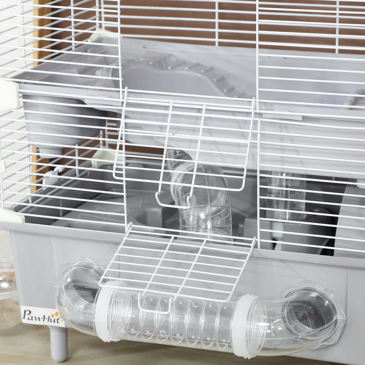 Gabbia per criceti a 2 livelli con ruota, bagno di sabbia per criceti nani 44,5 x 28 x 44 cm grigia