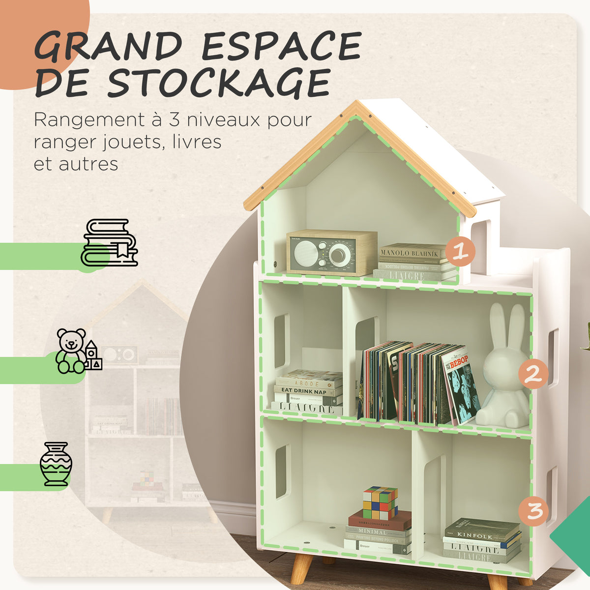 Libreria a forma di casetta per bambini, scaffale portaoggetti per giocattoli e libri, 3 livelli, 65 x 25 x 108,5 cm, bianco e naturale