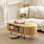 Table basse ovale, table de salon avec rangement, coins arrondis, design lattes, 100 x 50 x 40 cm, effet bois naturel