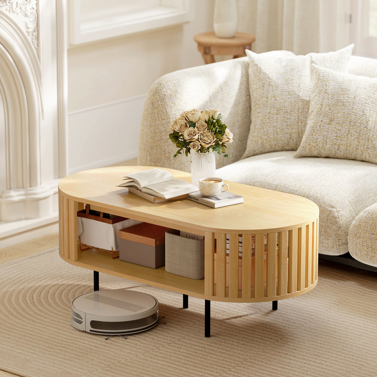 Table basse ovale, table de salon avec rangement, coins arrondis, design lattes, 100 x 50 x 40 cm, effet bois naturel