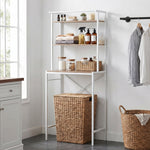 Étagère de Machine à Laver 3 Niveaux, Meuble pour Lave-Linge et Sèche-Linge avec Barre de Suspension, Marron et Blanc