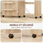 Table de couture pliante meuble couture à abattant avec bacs de rangement, étagère ouverte et roulettes, bois naturel