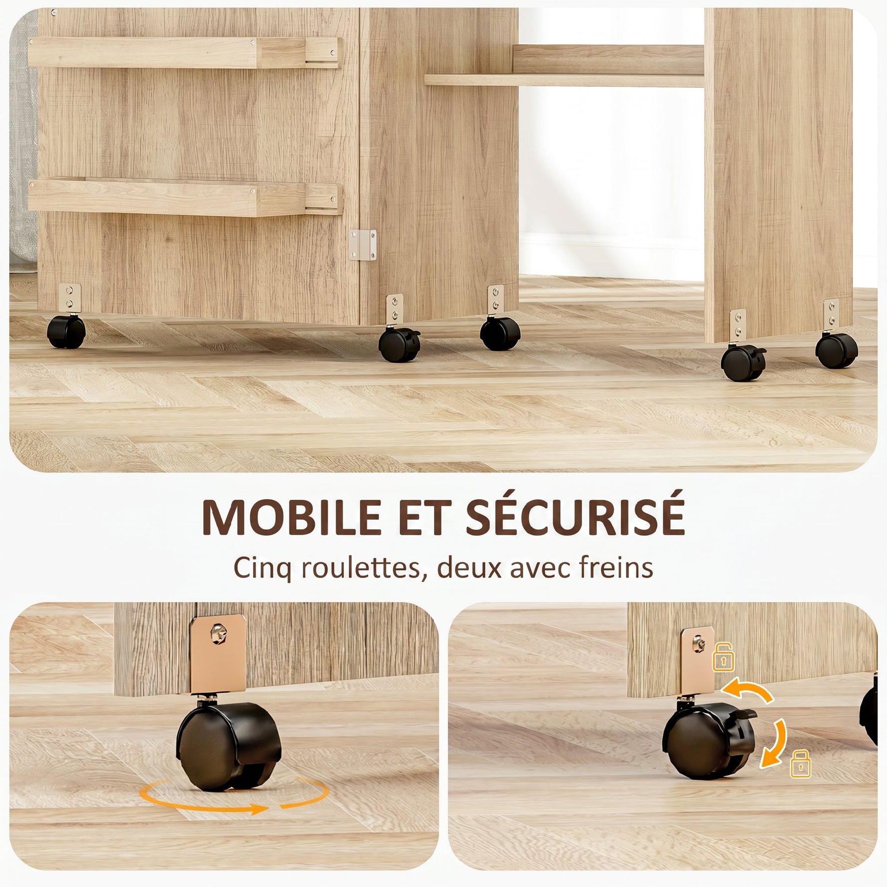 Table de couture pliante meuble couture à abattant avec bacs de rangement, étagère ouverte et roulettes, bois naturel