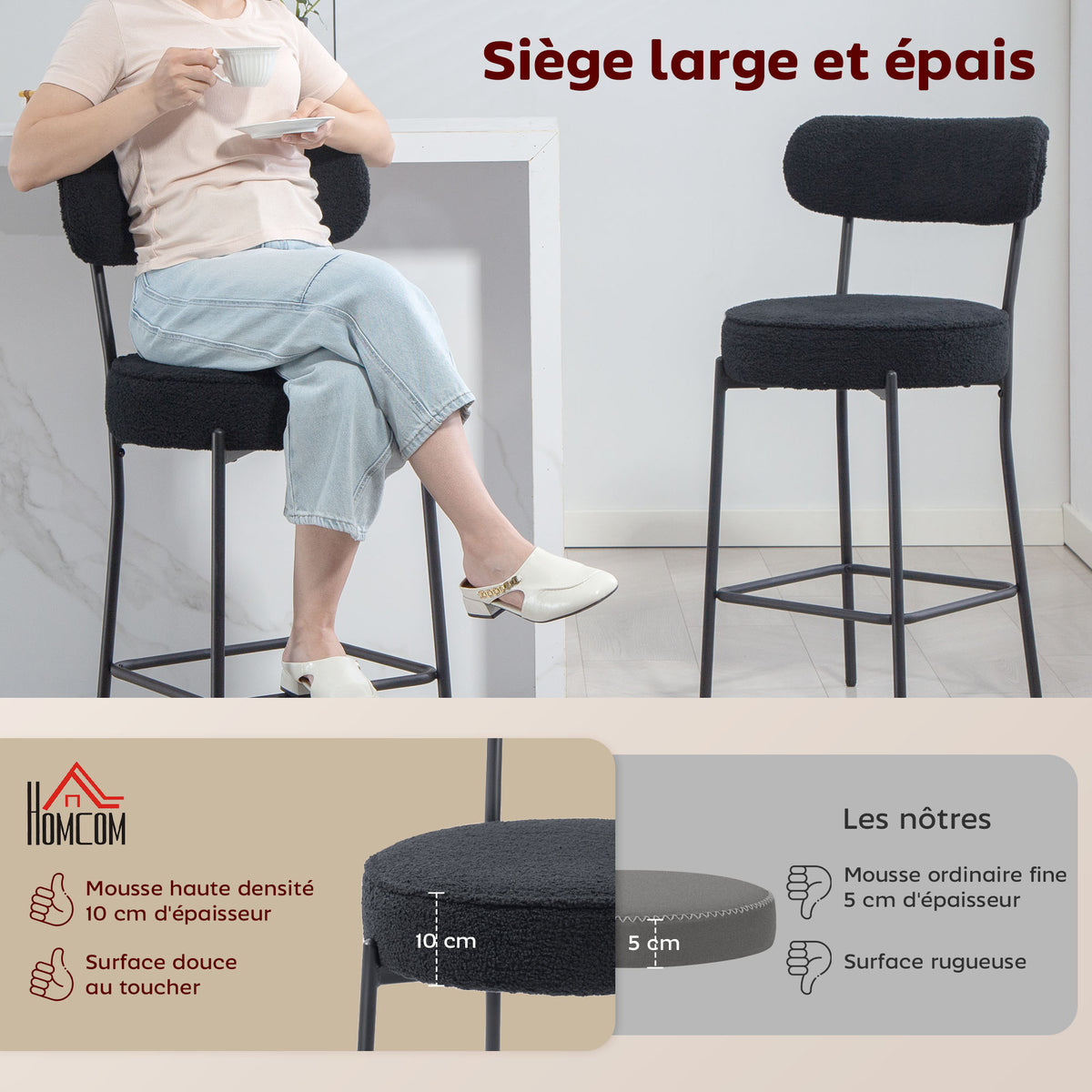 Lot de 2 tabourets de bar en tissu bouclette, chaises de bar avec dossier courbé, repose-pieds, 49x52x95cm, noir