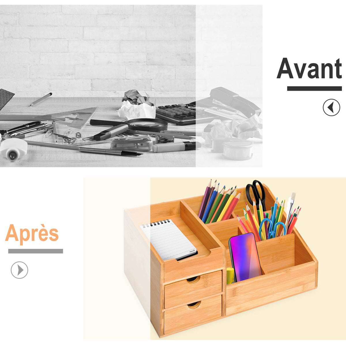 Lot de 2 boîtes de Rangement de Bureau - Organiseur de Bureau - 7 Compartiments, 2 tiroirs - Bambou Verni