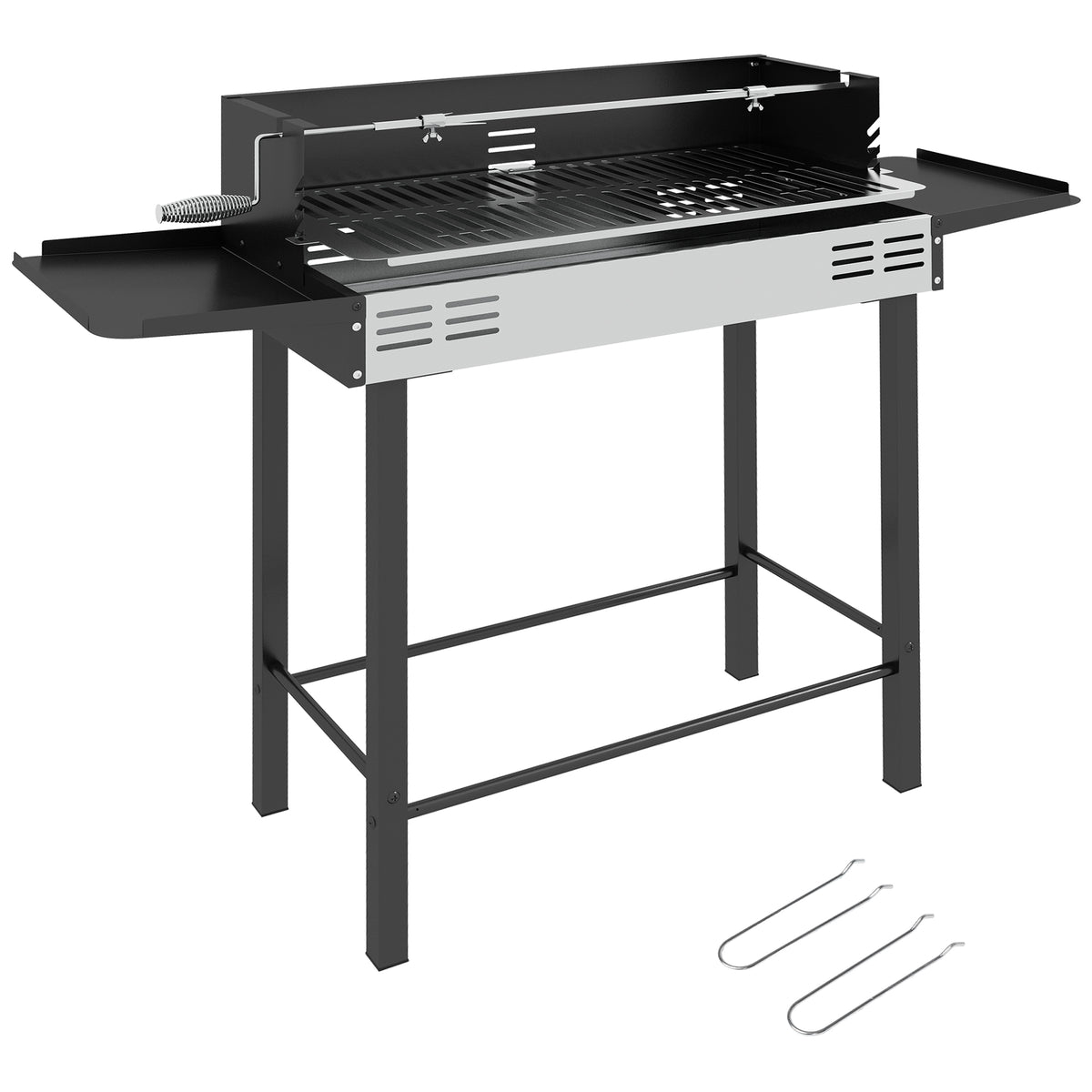 Barbecue charbon de bois BBQ avec grille de gril à 3 niveaux et étagères latérales pliables, 118 x 32 x 90 cm, noir
