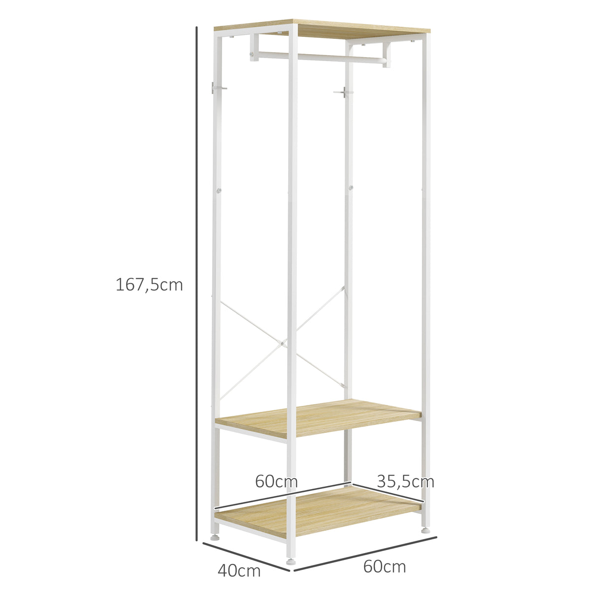 Coat rack with hanging rail and 2 shoe shelves 60L x 40W x 167.5H cm Light wood look White metal