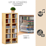 Lot de 2 étagères colonnes Armoire de Rangement CD-DVD 6 + 6 Compartiments dim. 21L x 19l x 88H cm capacité Max. 160 CD Naturel