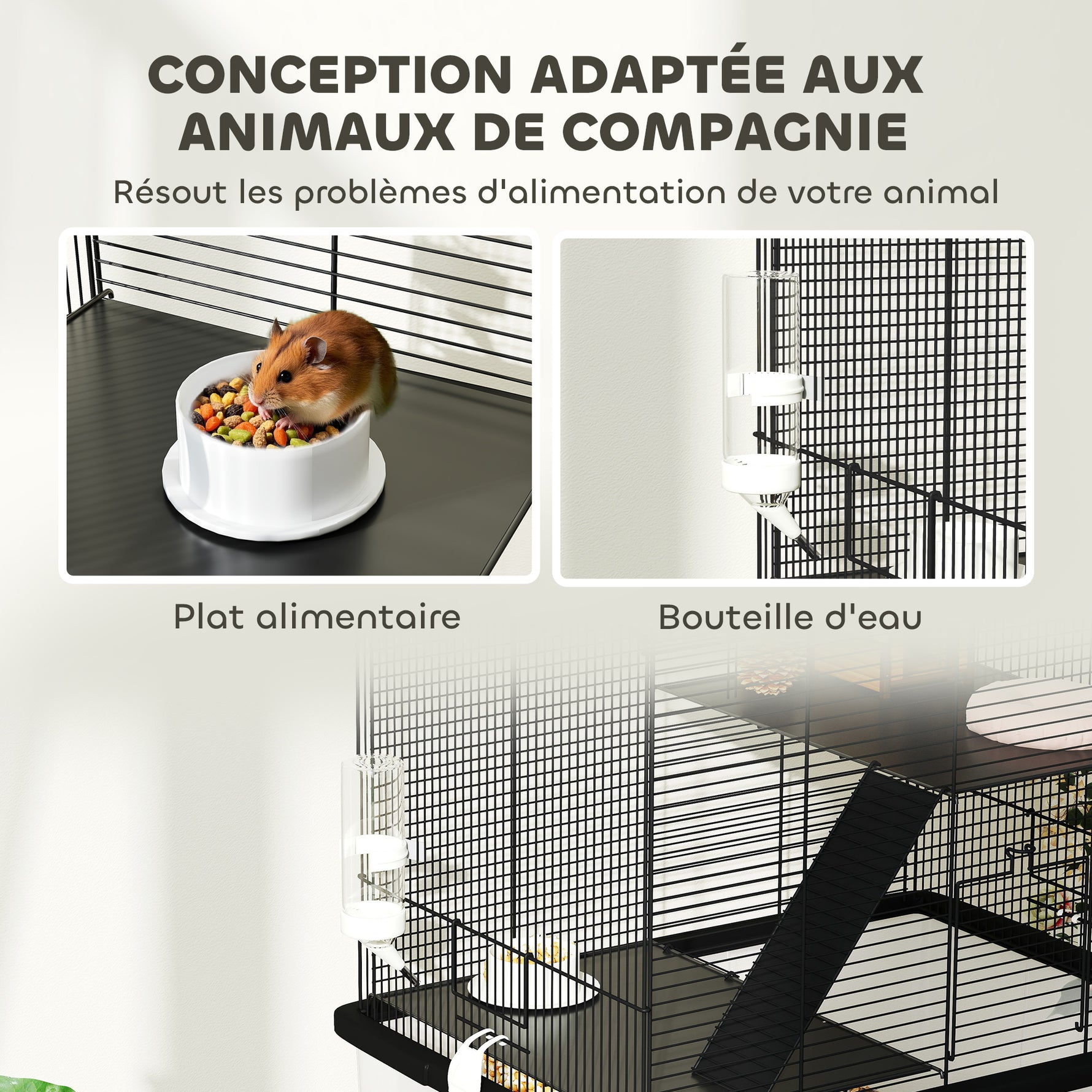 Cage hamster cage rongeur 3 étages avec roulettes plate-forme et échelle en fil d'acier 57 x 43 x 74 cm noir