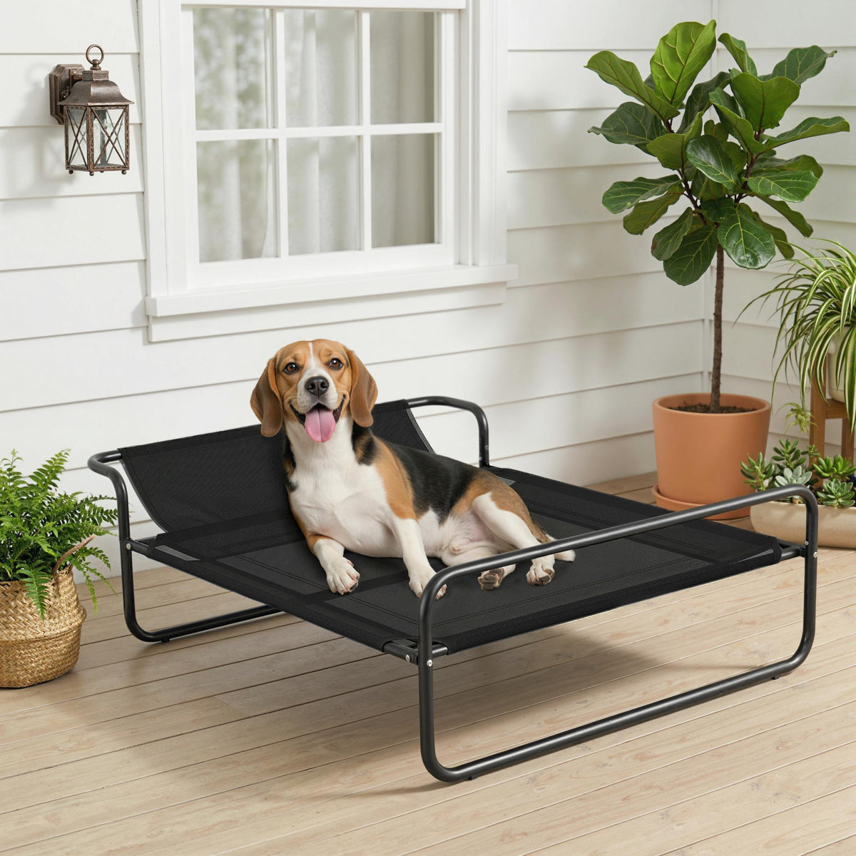 Lettino rialzato per cani e animali domestici con poggiatesta in tessuto microforato 106 x 81 x 33 cm nero