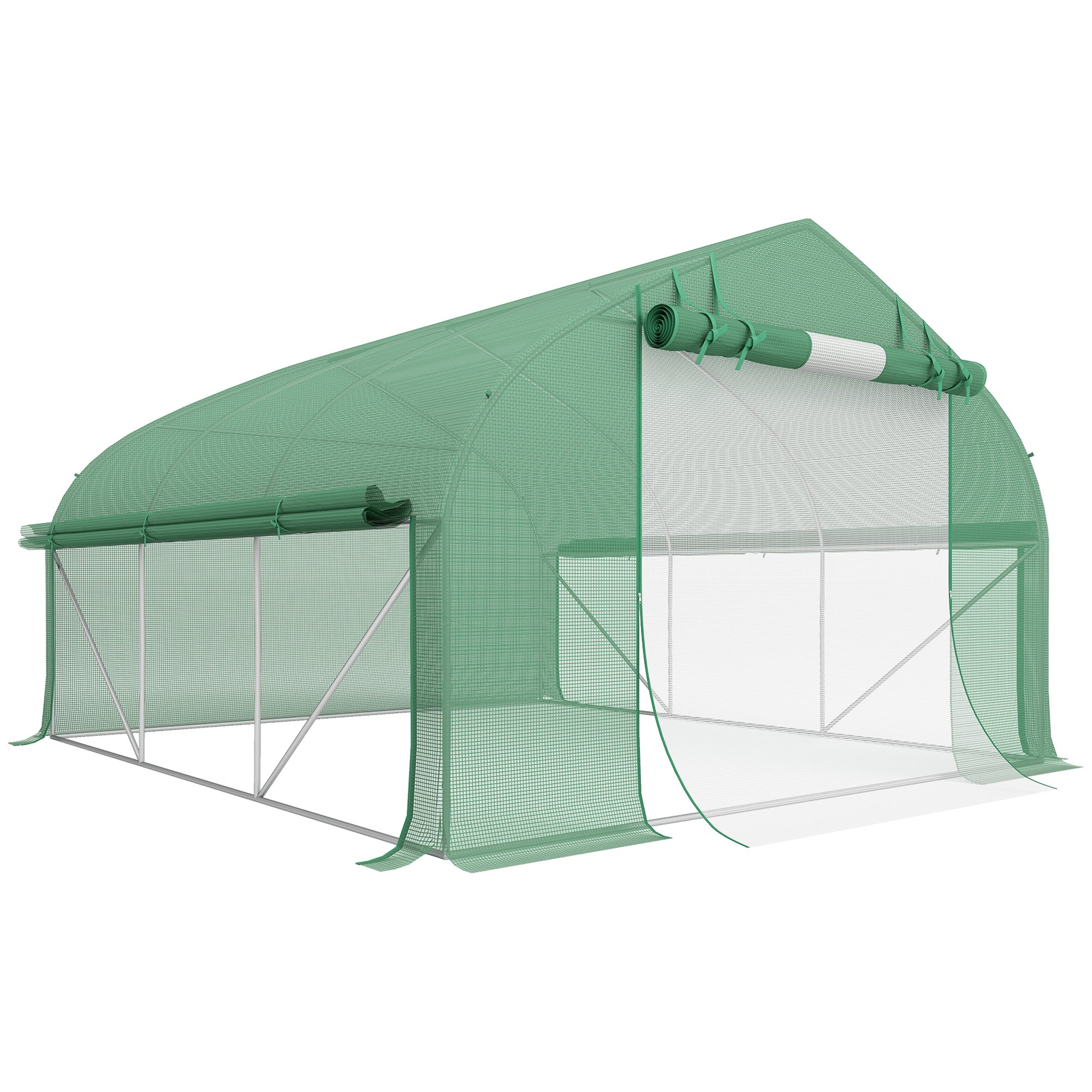 Serre de jardin tunnel 10,4 m² serre de jardin anti-UV porte zippée enroulable fenêtres maille 350 x 300 x 200 cm vert