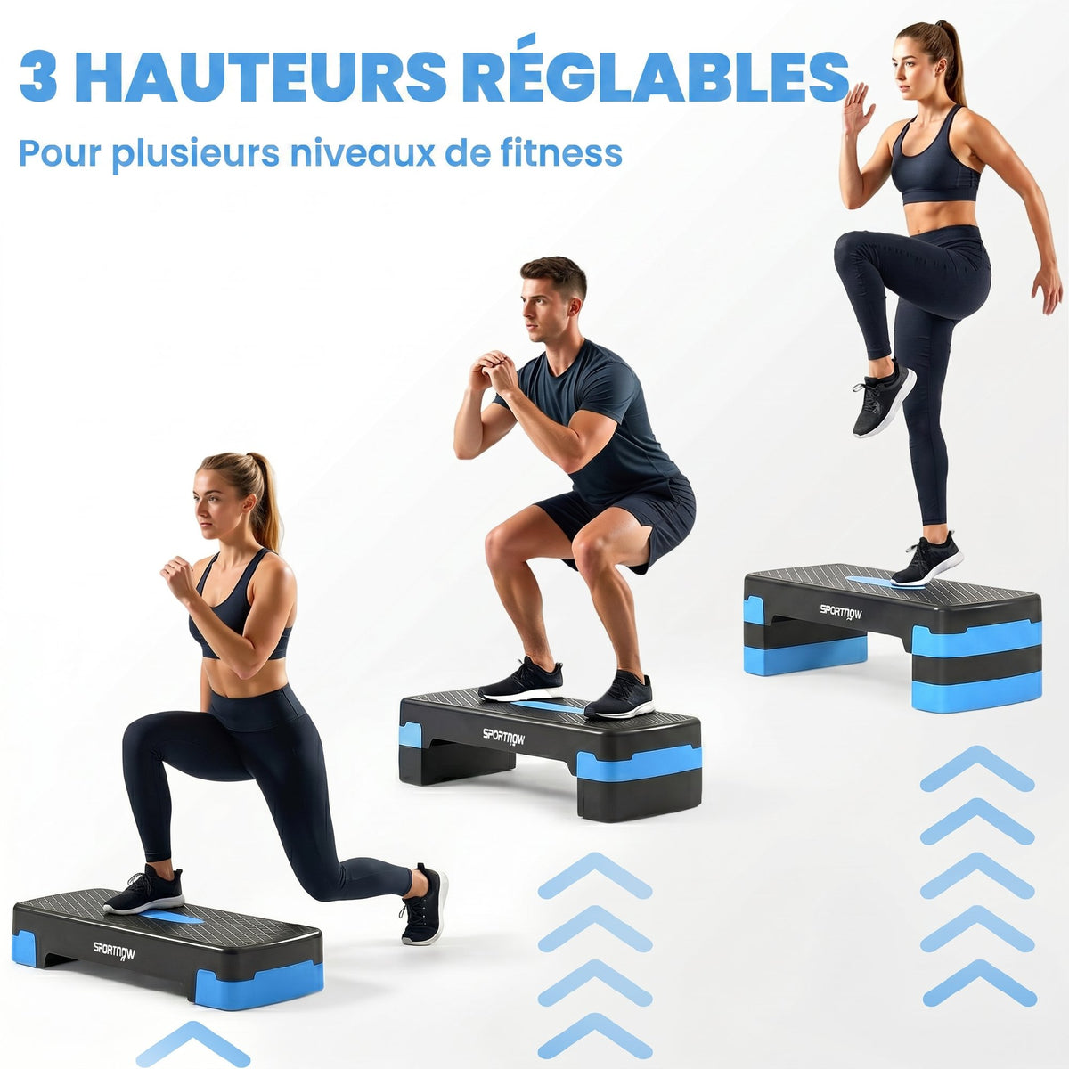 Stepper Fitness Aérobic 3 Niveaux, Hauteur Réglable 10/15/20 cm avec Rehausses, Surface Antidérapante, 68x29x20cm, Bleu