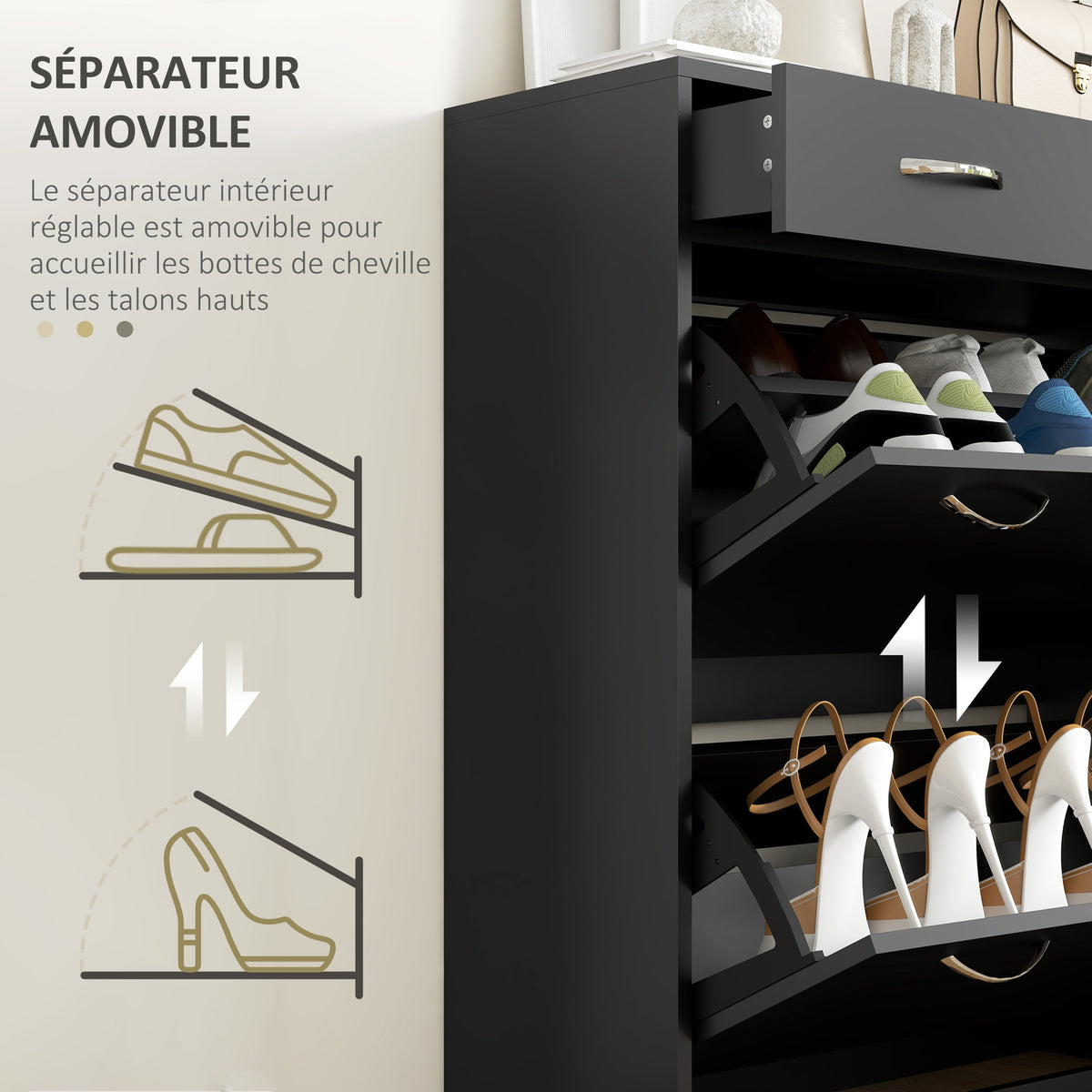 Shoe cabinet with 2 drawers and 2 drop-down doors with adjustable shelf, aluminum handles. 80 x 30 x 91.5 cm, Black