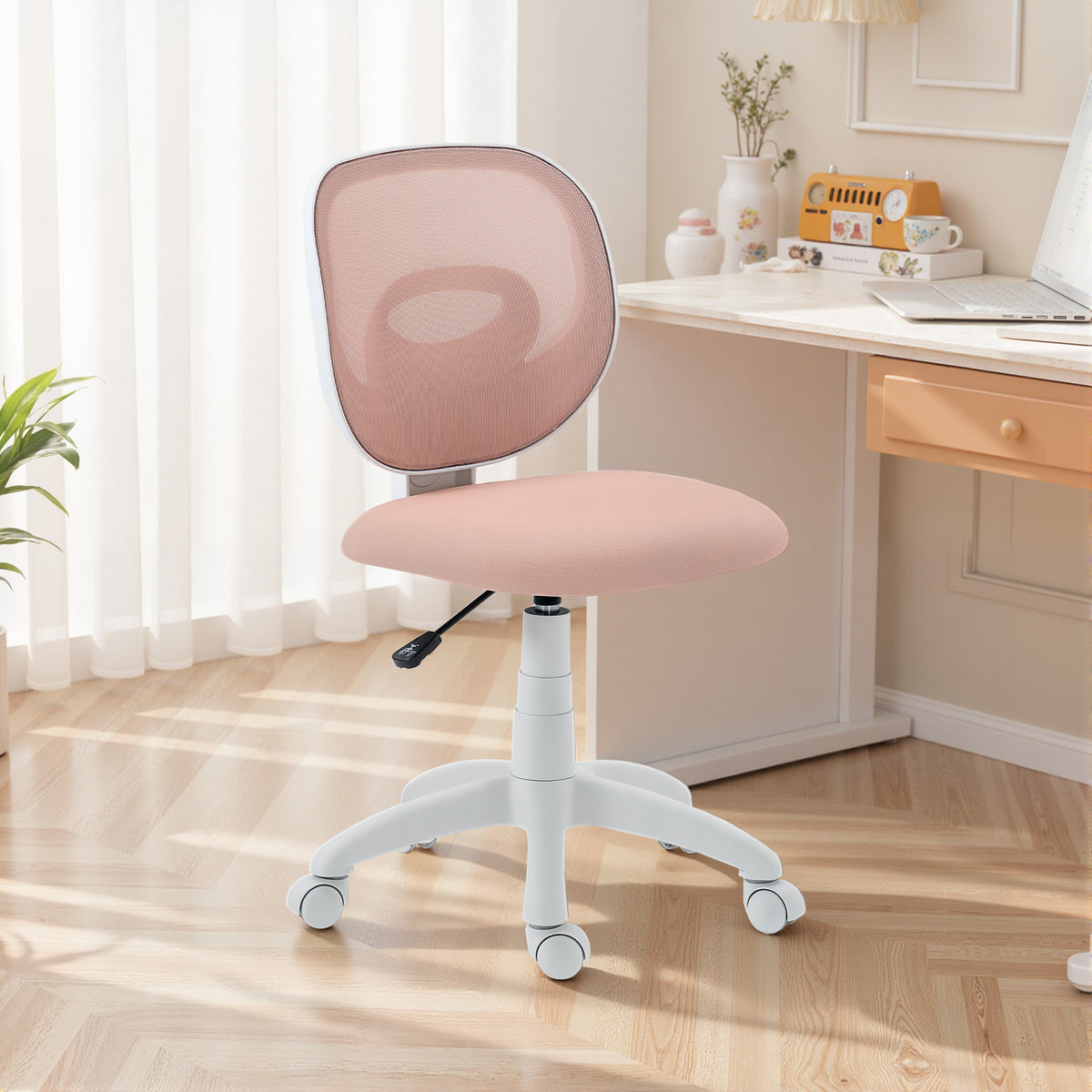 Chaise de Bureau Ergonomique sans Accoudoirs, Fauteuil de Bureau en Maille, Hauteur Réglable, Rose