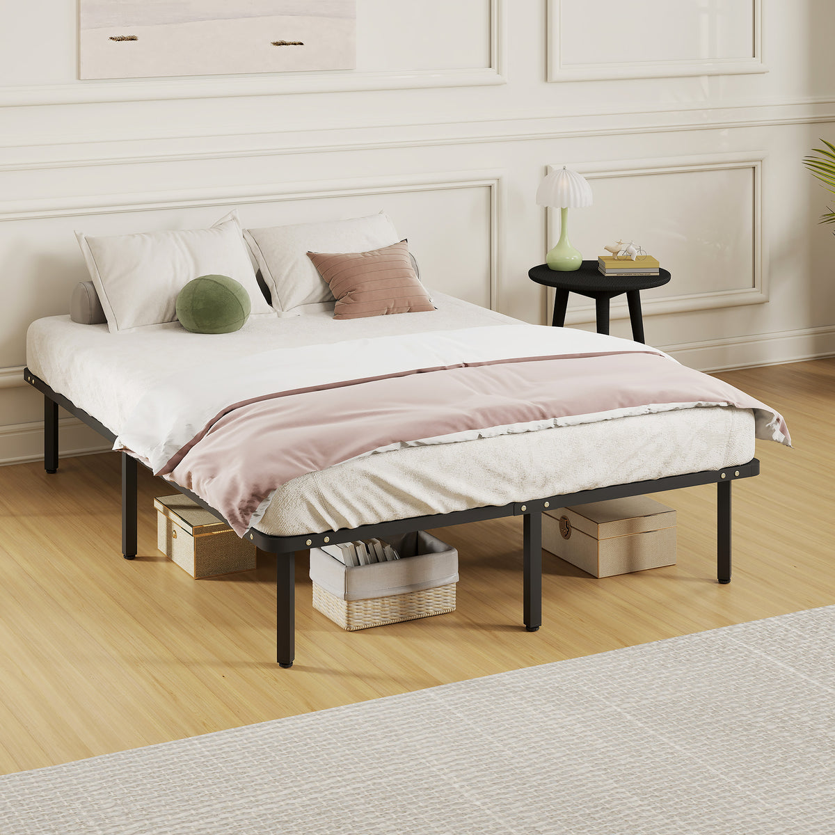 Estructura de cama de 140 x 190 cm, cama matrimonial con somier de láminas de madera maciza y piecero, con almacenamiento debajo, color negro