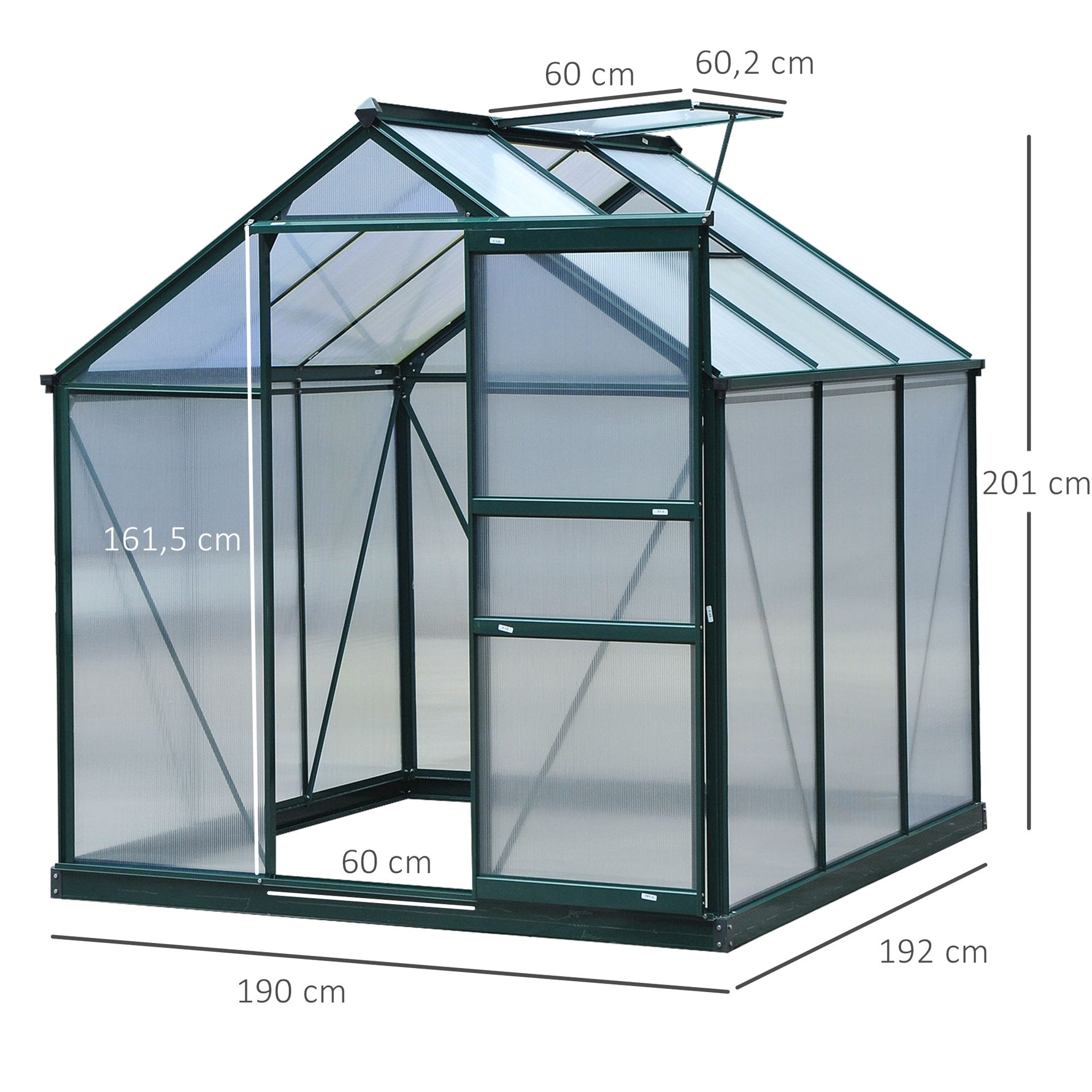 Serre de jardin polycarbonate 190 x 192 x 201 cm résistant aux UV 30+ fondation renforcé gouttière vert foncé