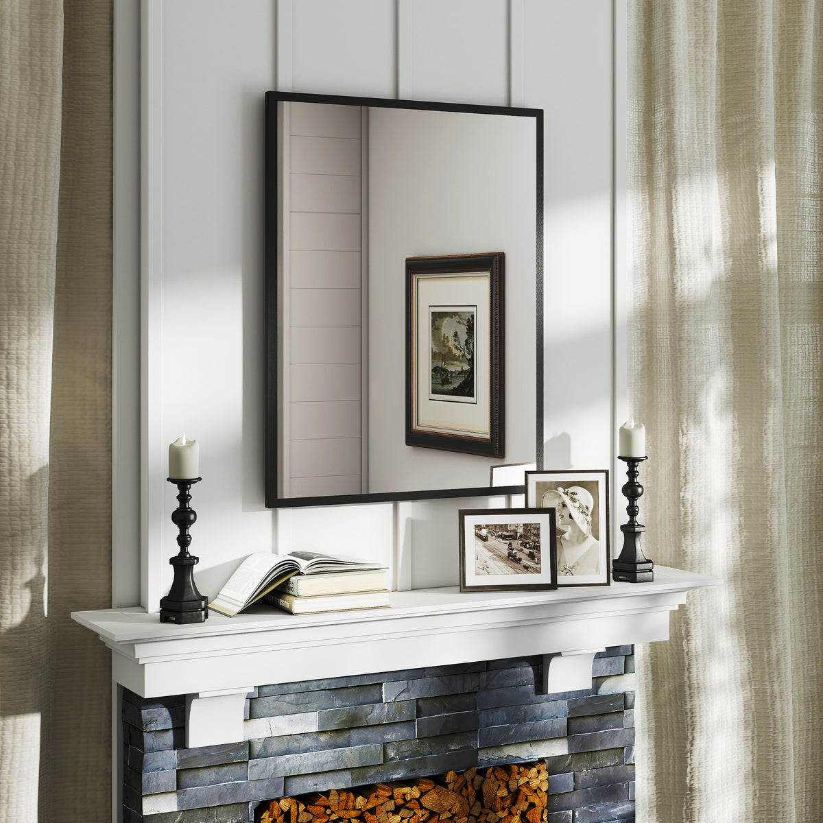 Miroir mural rectangulaire 90 x 70 cm, cadre en bois noir, idéal pour la salle de bain, salon ou chambre