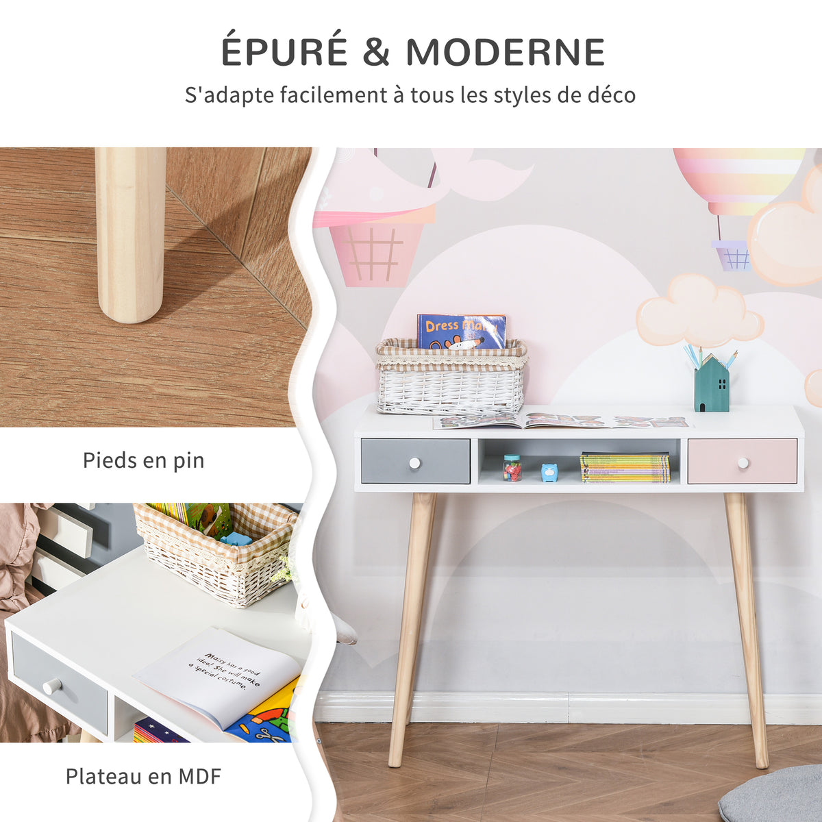 Eskandinaviar estiloko haurrentzako mahaia, tiradera eta biltegiratze-konpartimenduarekin, 100L x 48l x 76,5H cm, MDF eta pinua, zuria, grisa eta arrosa