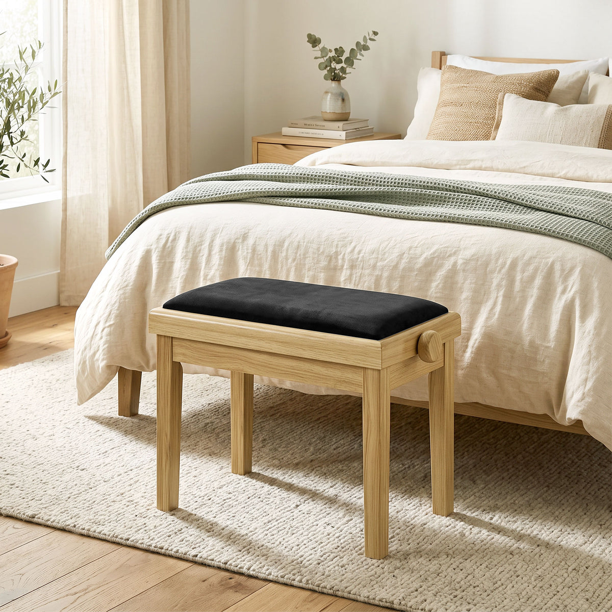 Banc de Piano, Tabouret Piano Réglable en Hauteur 45-56 cm, Banc de Clavier, Siège Rembourré en Velours, Bois Naturel