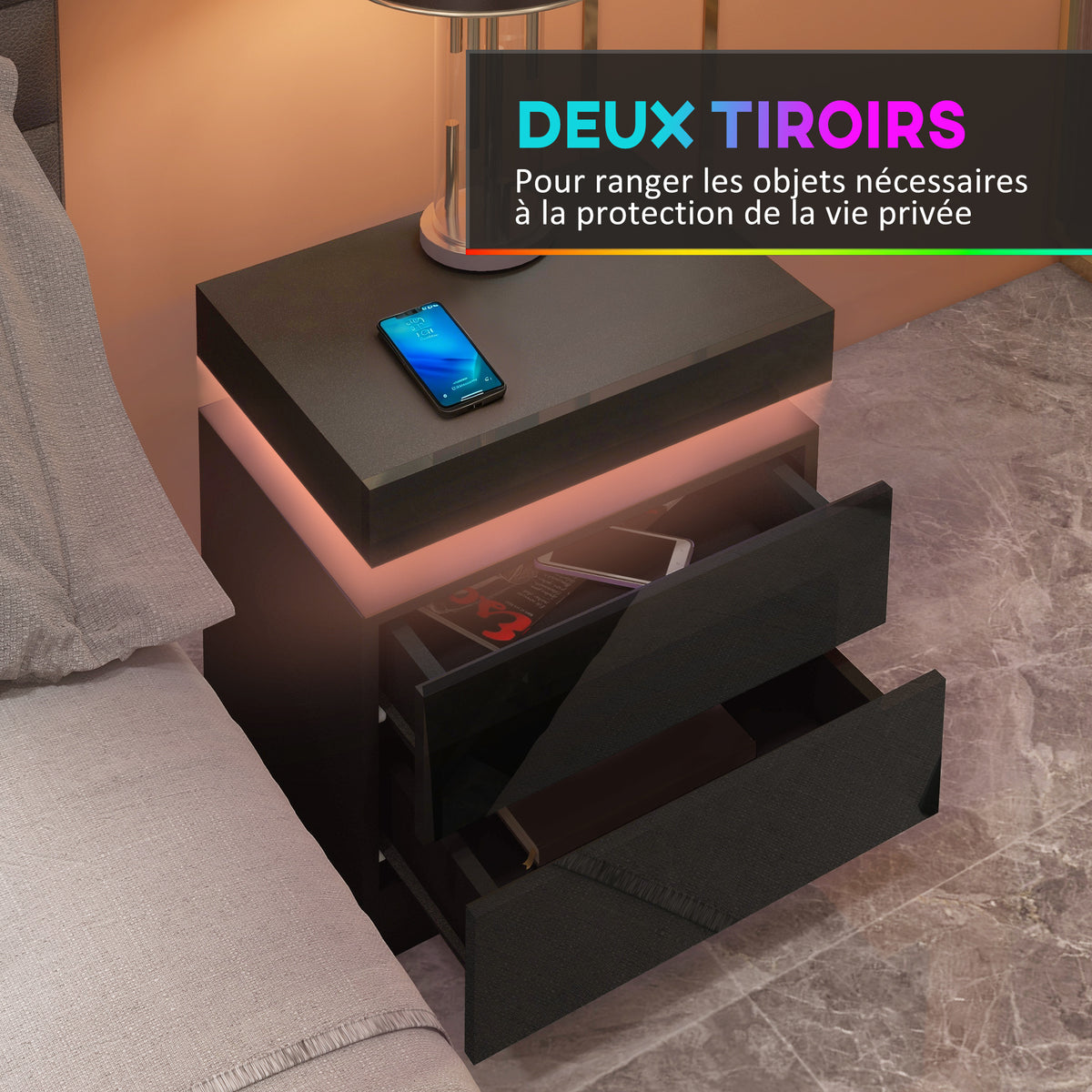Comodino tavolino da notte con luce LED RGB, pannello lucido con 2 cassetti per soggiorno camera da letto nero