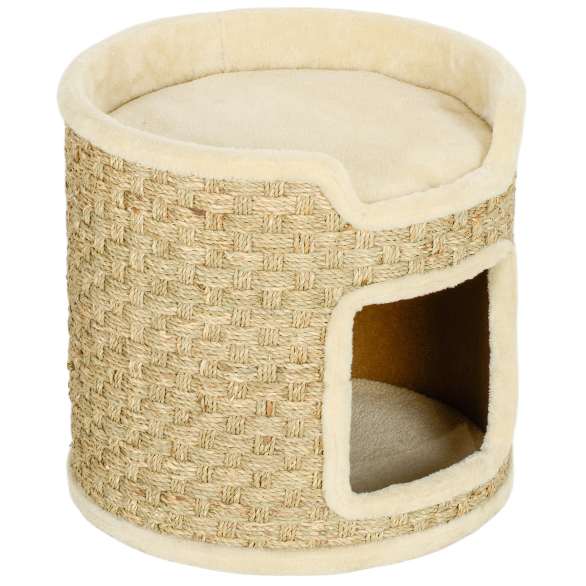 Tonneau à gratter pour chat, tonneau à chat, recouvert de peluche, capacité de 5 kg, Ø 38 x 37H cm kaki et beige