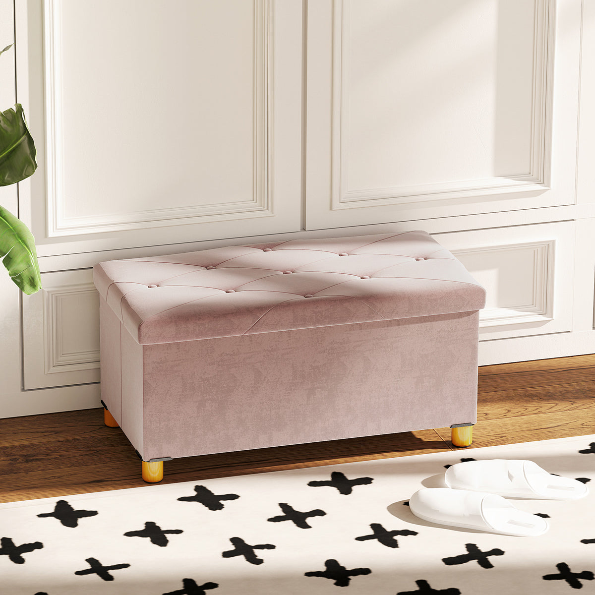 Panca contenitore fondo letto pieghevole volume 67 L capacità di carico 120 kg con coperchio 76L x 38P x 38A cm rosa