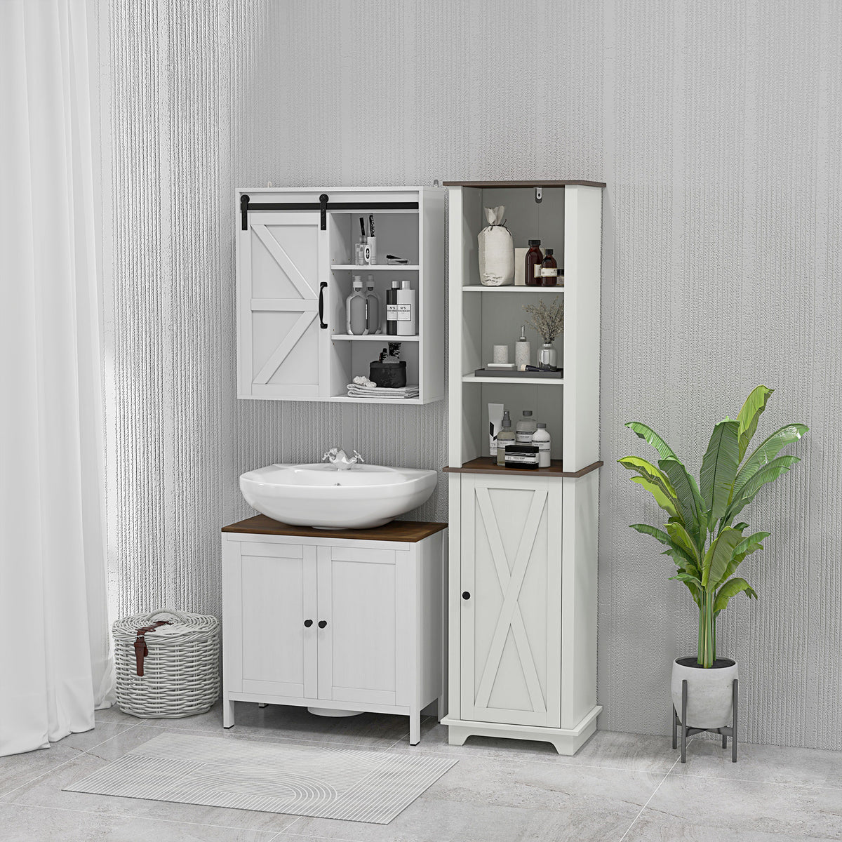 Wastafelonderkast badkamermeubel met 2 deuren en legplank 60 x 30 x 60 cm wit en houtlook
