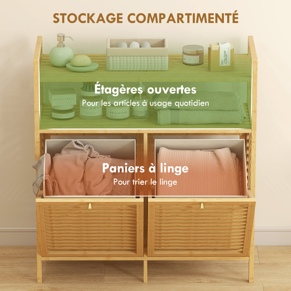 Meuble salle de bain en bambou, armoire salle de bain avec 2 paniers à linge et 2 étagères, 82x33x88cm, bois naturel