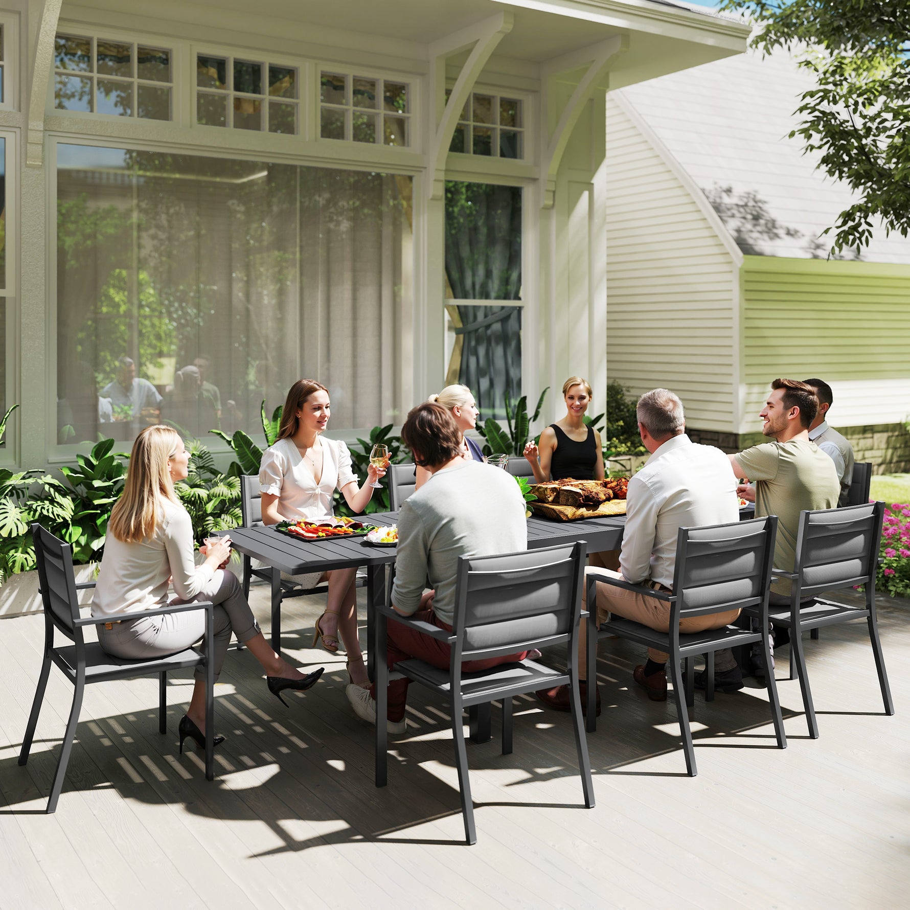 Salon de jardin table extensible 135-270 cm en aluminium et textilène 6/10 personnes 8 chaises empilables gris