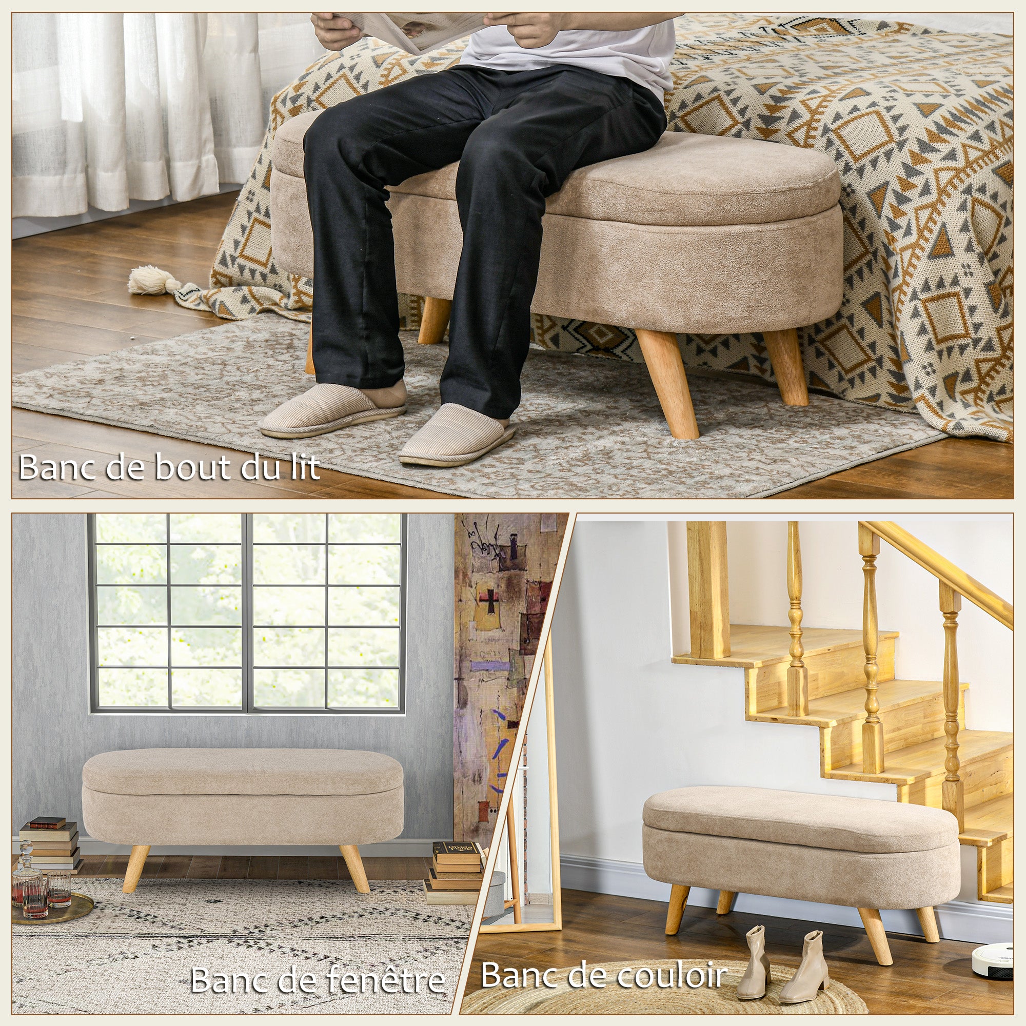 Stoff-Bettbank mit Stauraum 2-in-1, Bettkasten mit Holzfüßen, 110 B x 40 T x 43 H cm, beige