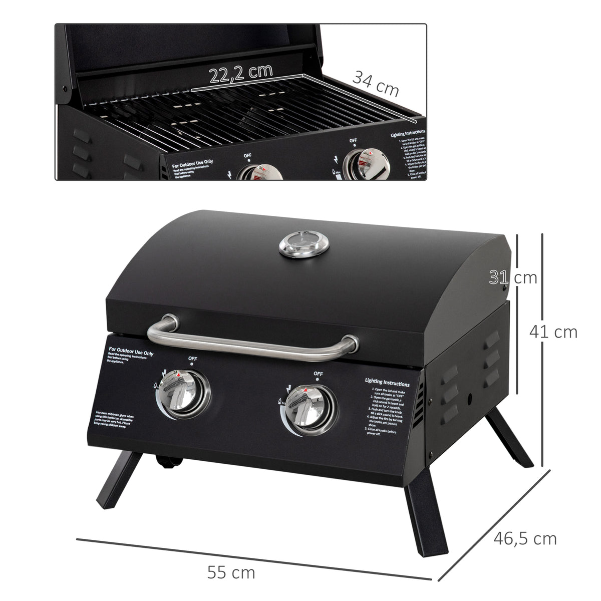 Barbecue gaz de Table transportable Pieds Pliables - 2 brûleurs 5 KW - Barbecue gaz de Camping - Grille de