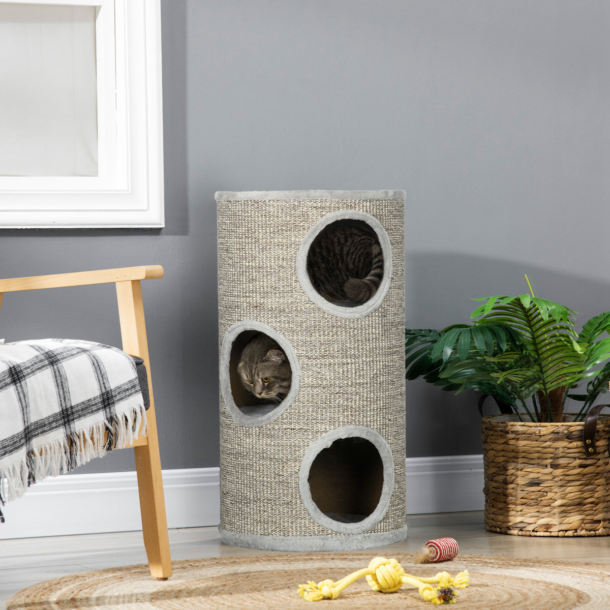 Krabton voor katten, sisal krabpaal met 3 niveaus bekleed met pluche, Ø 38 x 70 cm, grijs