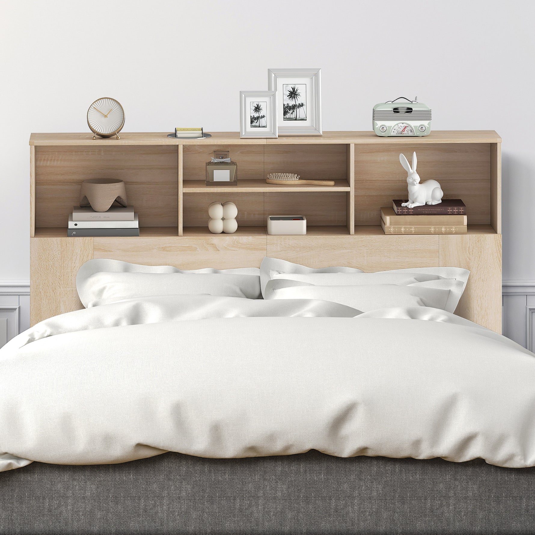 Tête de lit sur pied avec rangements, accessoire de lit 4 compartiments ouverts, 140 x 19 x 103,5 cm, effet bois naturel