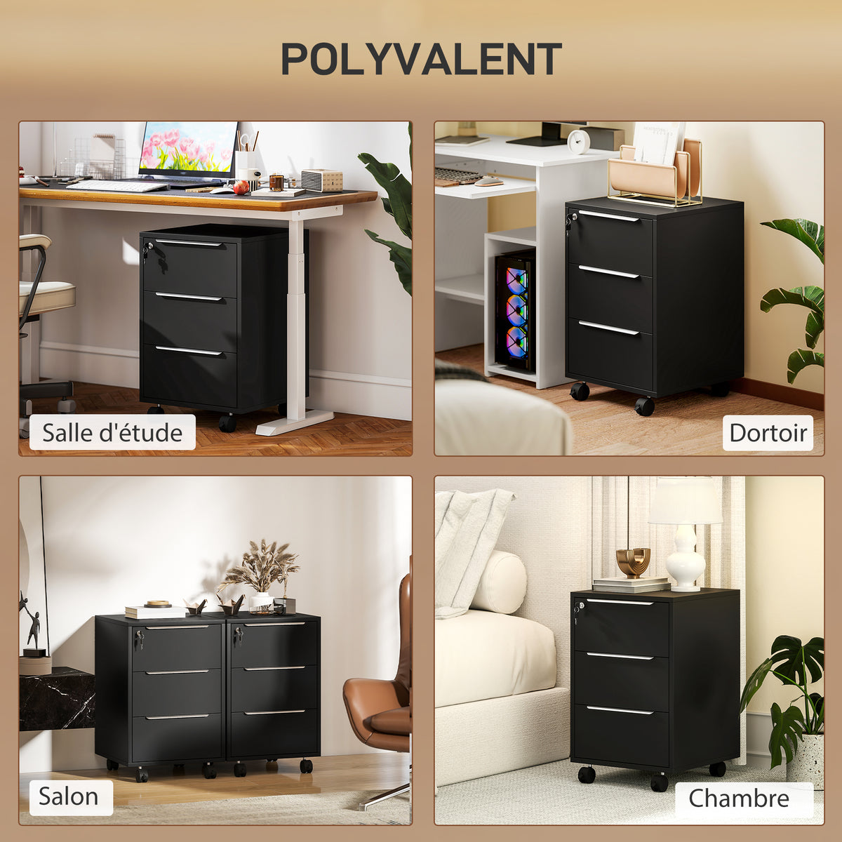 Caisson de bureau à roulettes avec 3 tiroirs et serrure, meuble rangement bureau sur roulettes, 40 x 40 x 63,5 cm, noir