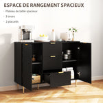Buffet meuble cuisine rangement avec 3 tiroirs, étagères réglables, placards à portes cannelées, 120 x 40 x 90 cm, noir