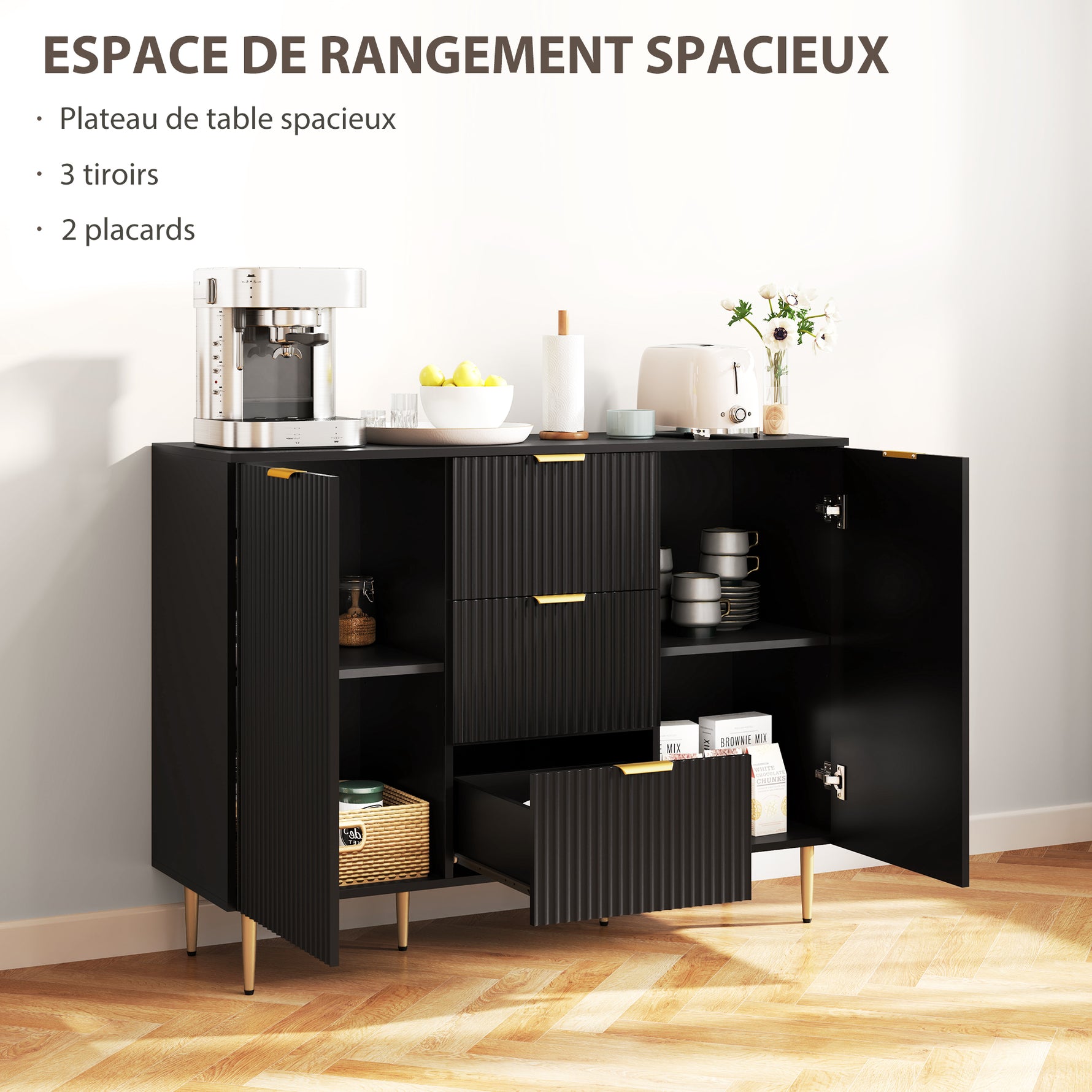 Buffet meuble cuisine rangement avec 3 tiroirs, étagères réglables, placards à portes cannelées, 120 x 40 x 90 cm, noir