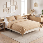 Cadre de Lit 140 x 190 cm avec Sommier, Lit Double Rembourré en Velours Côtelé, Espace de Rangement Au-Dessous, Crème