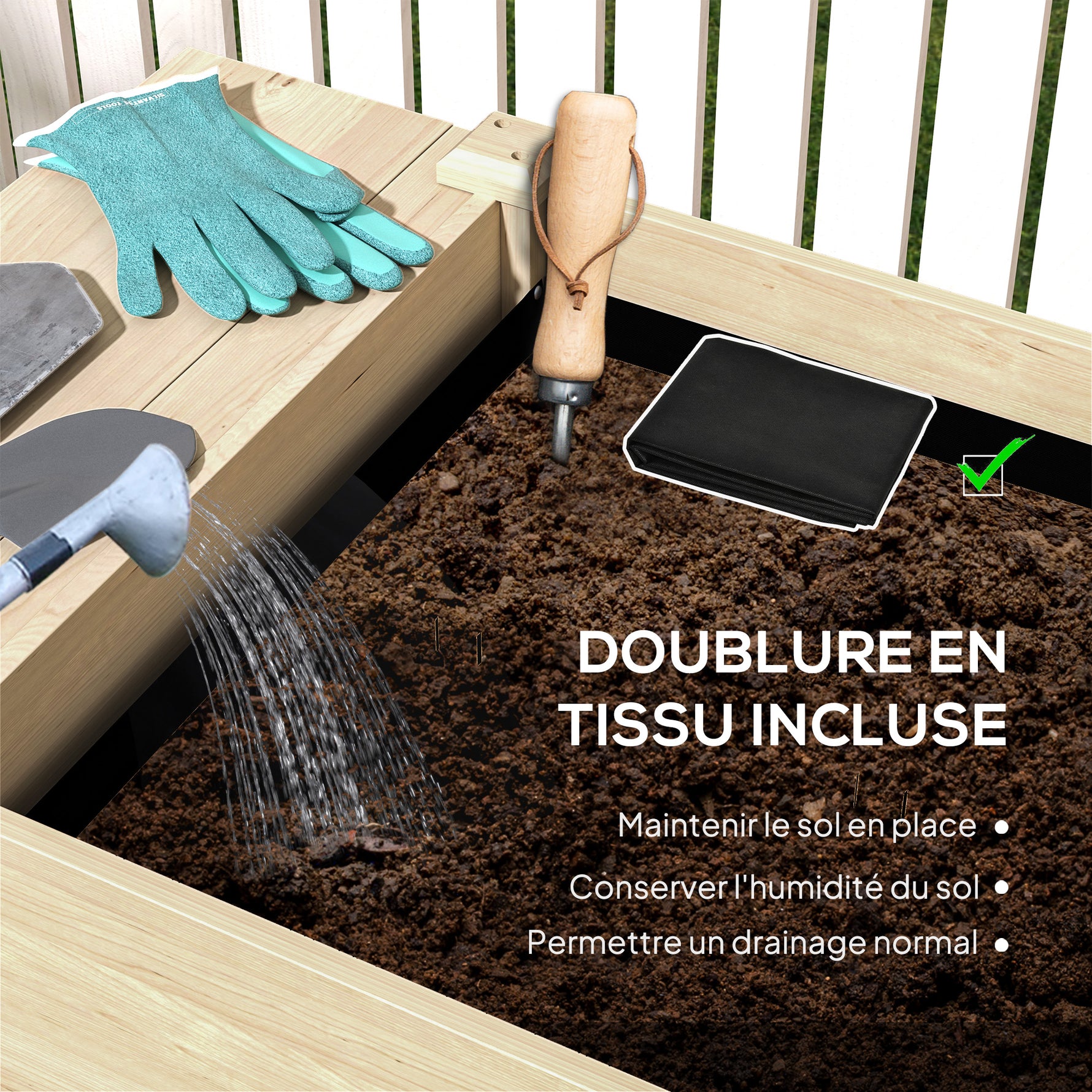 Jardinière sur pieds carré potager de jardin sur pieds 2 bacs tablette étagère inférieure 207 x 59 x 78 cm bois naturel