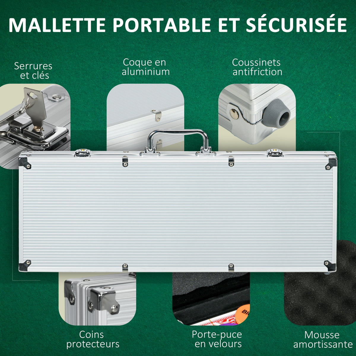 Mallette de Poker Coffret de Poker Complet avec 500 jetons 5 dés 2 Jeux de Cartes 3 boutons 1 Tapis en Feutre