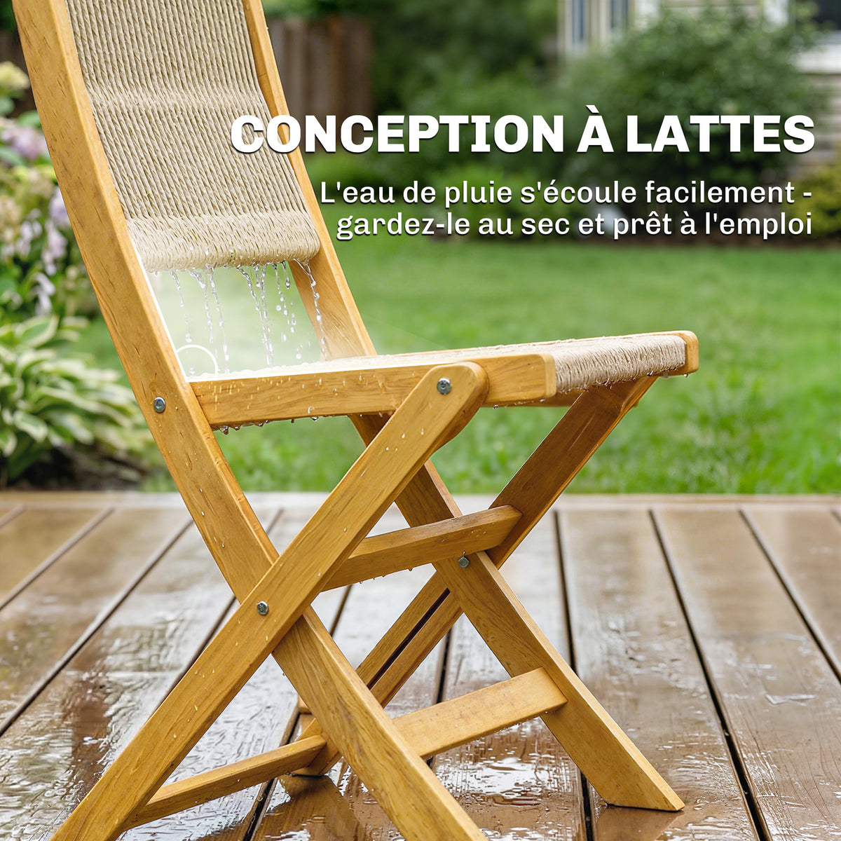 Salon de Jardin Ensemble Bistro 3 Pièces Table Ronde et 2 Chaises Pliables Design Boho Bois d'Acacia Cordage PP Naturel