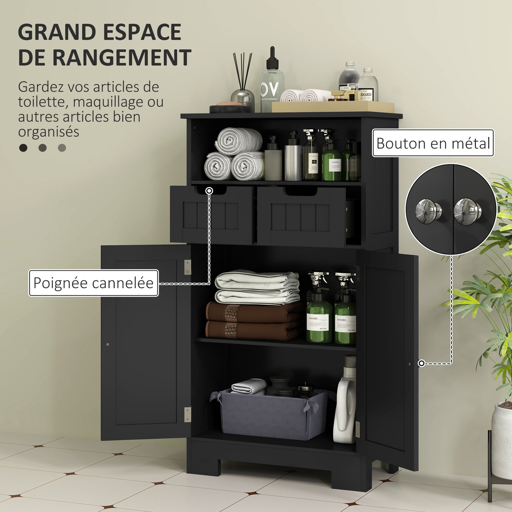 Meuble Bas de Salle de Bain Multi-rangements Grande Niche 2 tiroirs Placard Double Porte avec étagère Noir